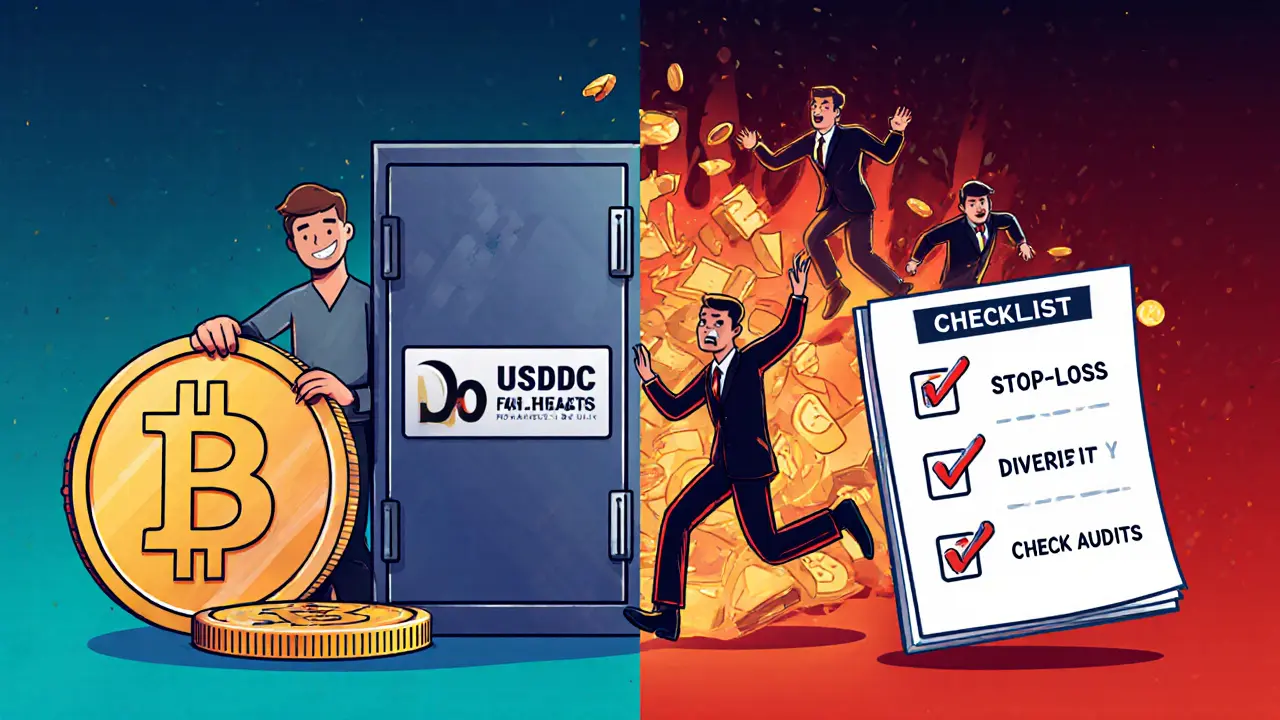 Trader safely storing BTC in USDC vault while others flee from a collapsing UST stablecoin