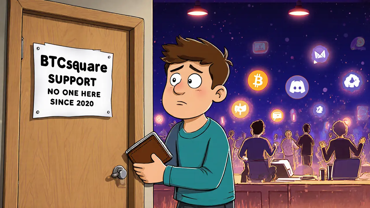 User facing a closed support door labeled 'BTCsquare' while a vibrant crypto community thrives behind.