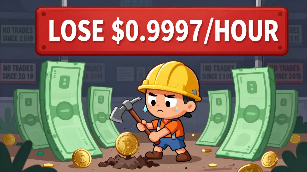 A cartoon miner struggles to mine TagCoin while giant electricity bills tower over him, losing money hourly.