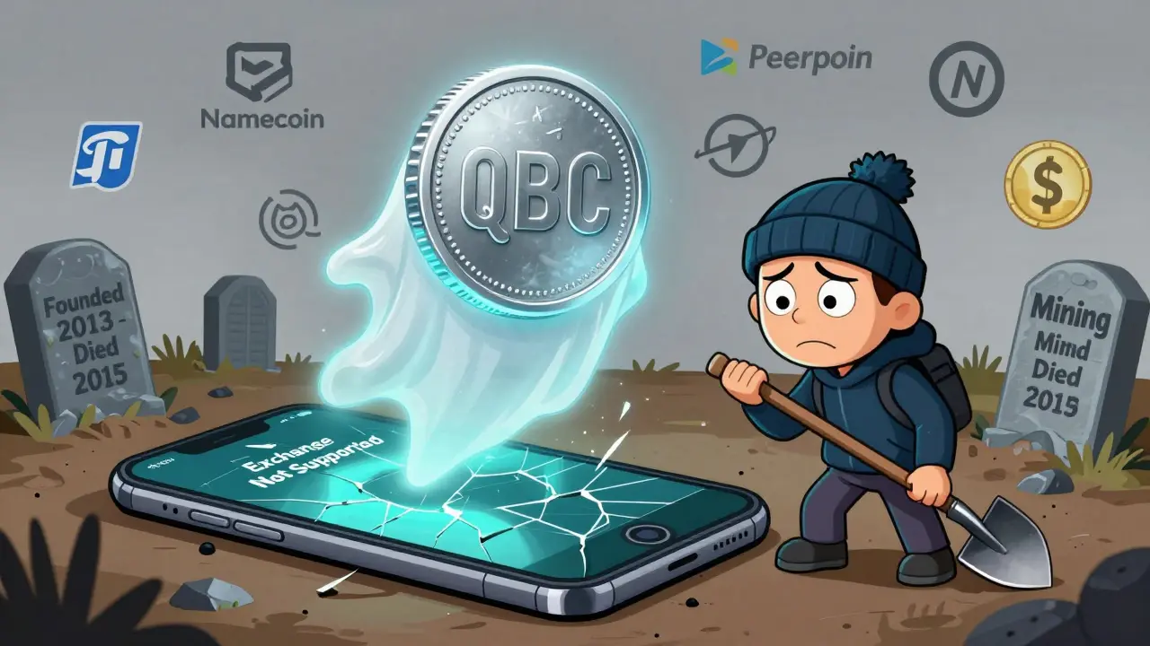 A ghostly QBC coin floats above a 'Not Supported' screen, with a graveyard of dead cryptos behind.