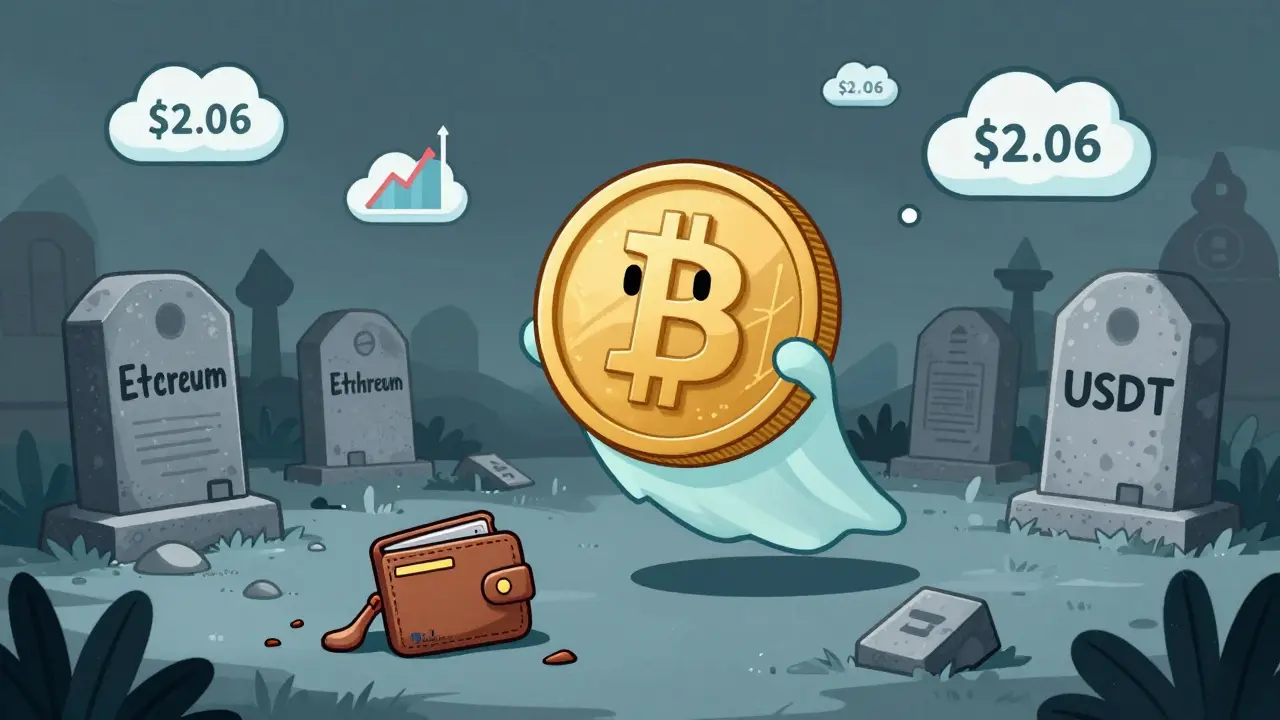 A ghostly TagCoin drifts through a graveyard of dead cryptos, with fake price charts floating uselessly above.