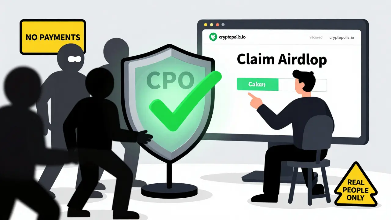 A glowing CPO token protecting users from scam figures while claiming an airdrop on a secure site.