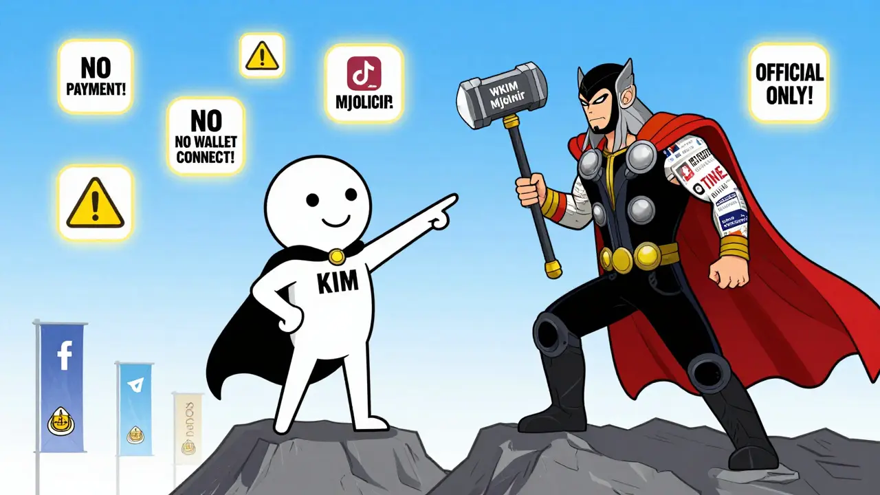 A KIM superhero warns against a fake Thor-like villain trying to steal a wallet, with official logos glowing in the background.