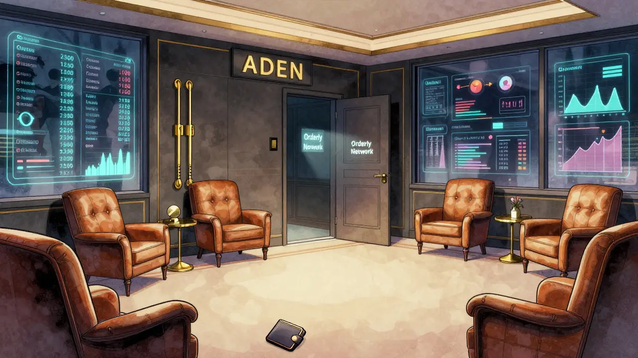 A luxurious but abandoned ADEN trading room with holographic charts,无人, and a single wallet on the floor.