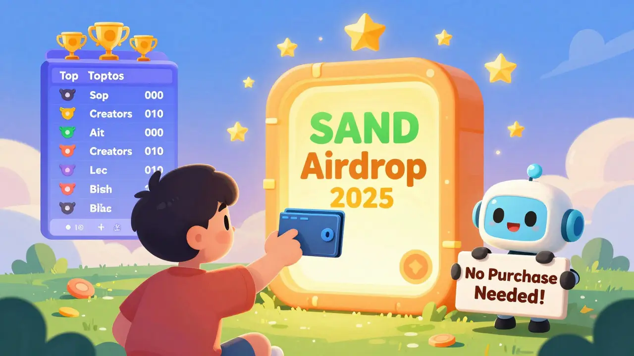A player connects their wallet to a giant airdrop portal as a leaderboard rises in the sky with creator trophies.