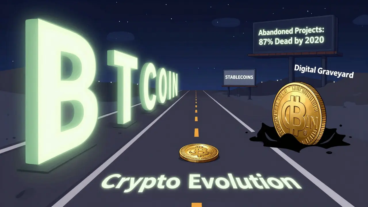 A tiny QBC coin rolls away on a crypto highway past Bitcoin and Ethereum landmarks.