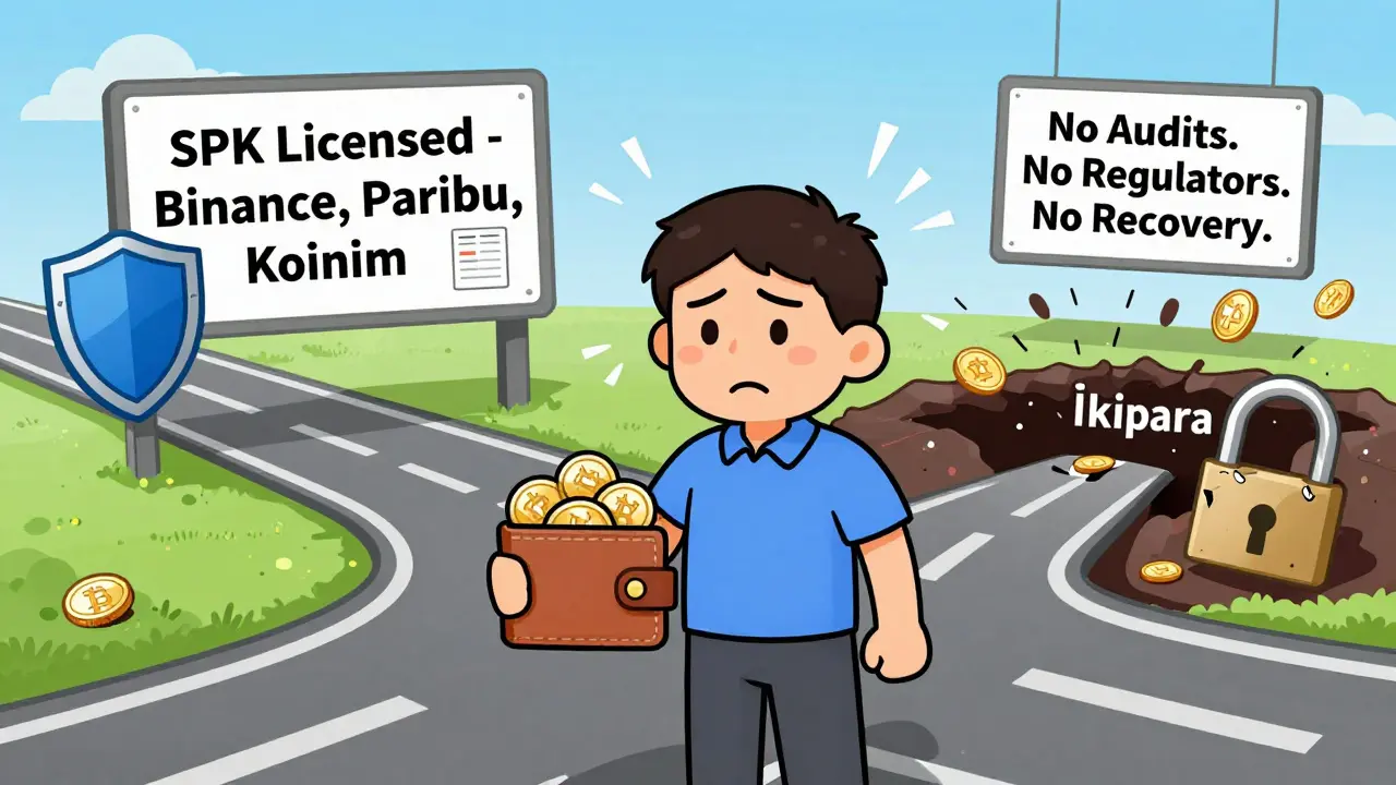 A user choosing between a safe licensed exchange and a dark pit labeled 'İkipara' with sinking coins.