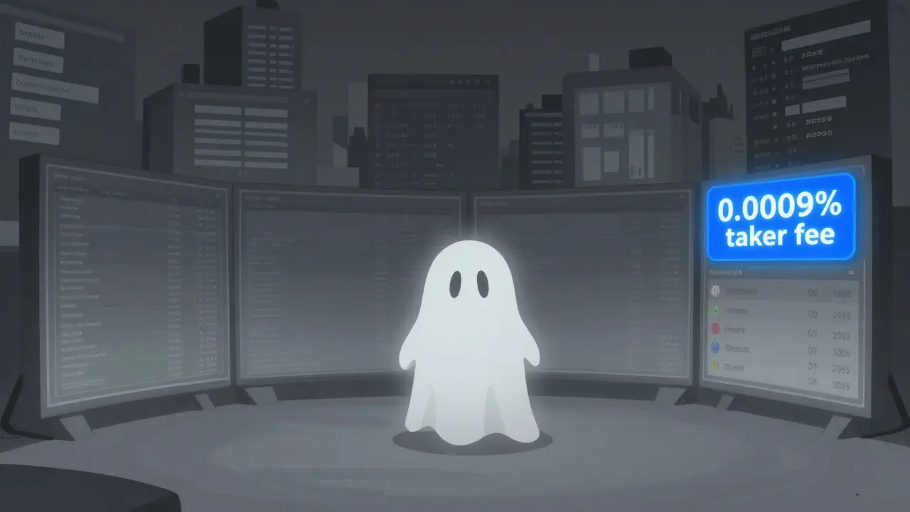 An empty trading dashboard with faint fees and ghostly order books, contrasted with bustling centralized exchanges.