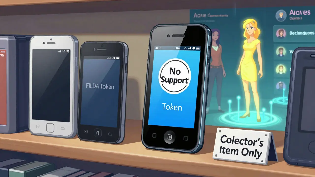 An old smartphone labeled FILDA on a shelf, inactive, while modern DeFi apps glow brightly in the background.