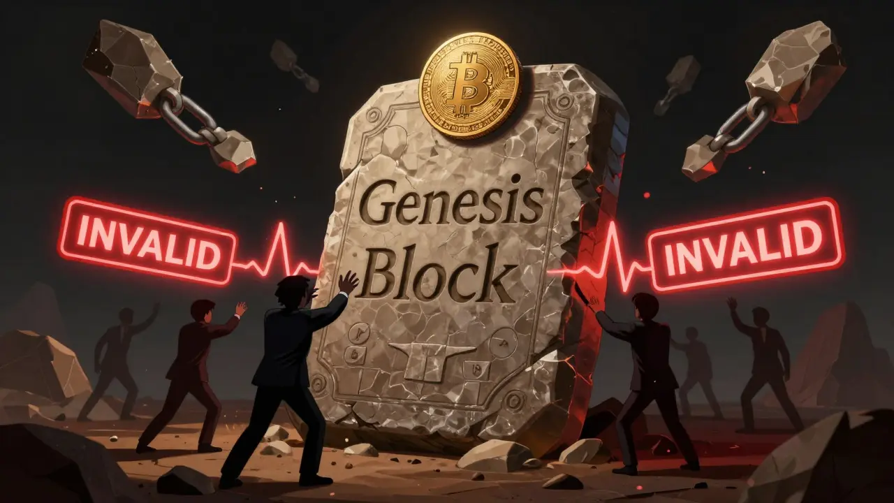 Ancient stone Genesis Block with a golden unspendable Bitcoin coin on top, blocked by a red INVALID seal.