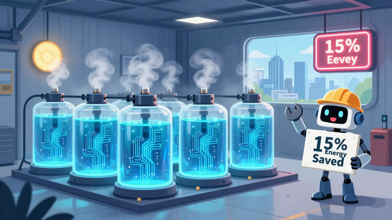 ASIC rigs immersed in mineral oil in a warehouse with glowing circuits and Perth skyline