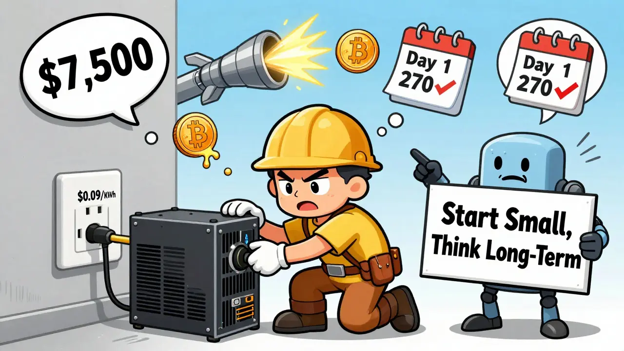 Beginner plugging in one miner surrounded by thought bubbles of costs and risks