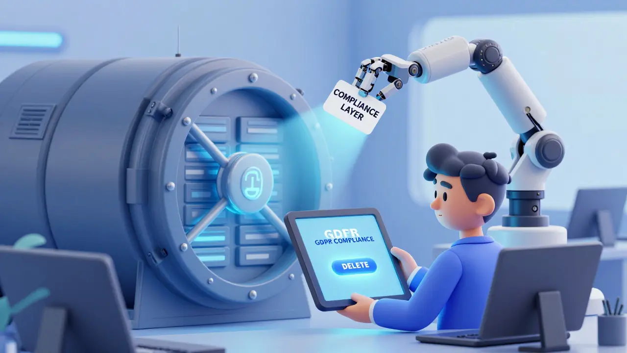 Businessperson uses a 'DELETE' button on a blockchain with encrypted data stored safely off-chain in a vault.