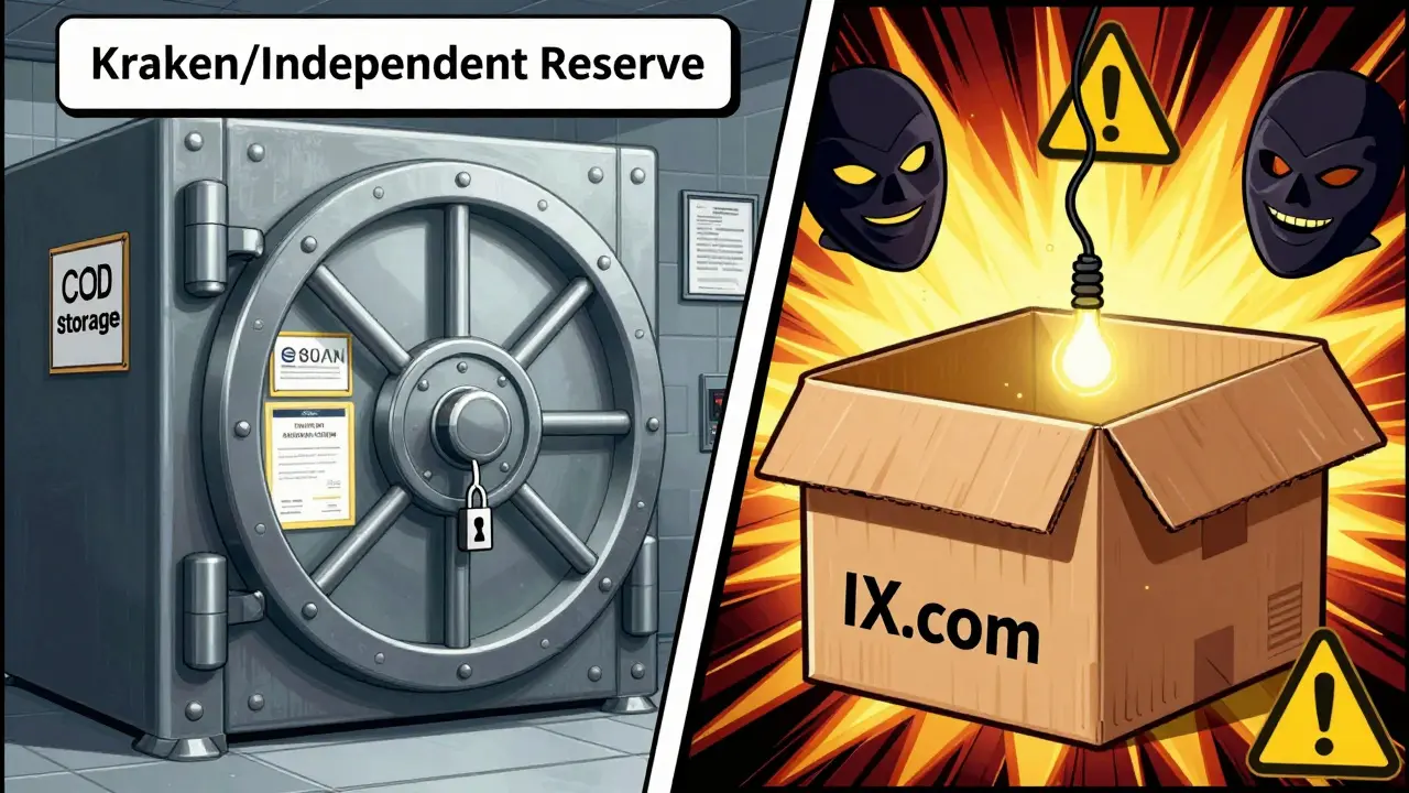 Cartoon comparing secure crypto exchange vaults to a flimsy box labeled IX.com.