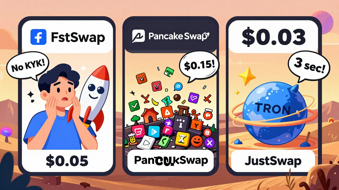 Cartoon comparison of FstSwap, PancakeSwap, and JustSwap with fee and speed differences.
