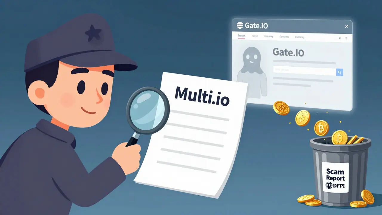 Cartoon detective examining empty paperwork for Multi.io, with ghost of Gate.io fading nearby.