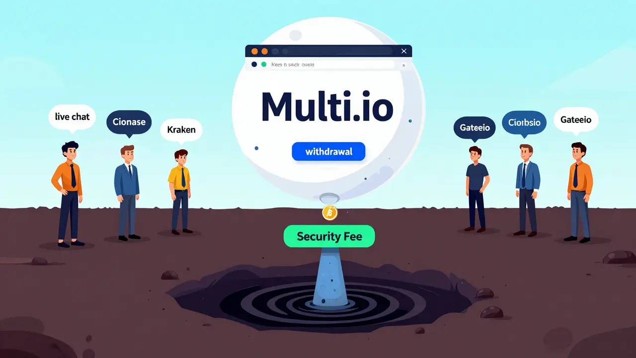 Cartoon showing a user losing crypto to a fake withdrawal portal while real exchanges stay safe.