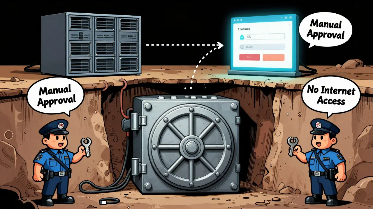 Cartoon vault underground with no internet, guarded by keys, separate from web server.