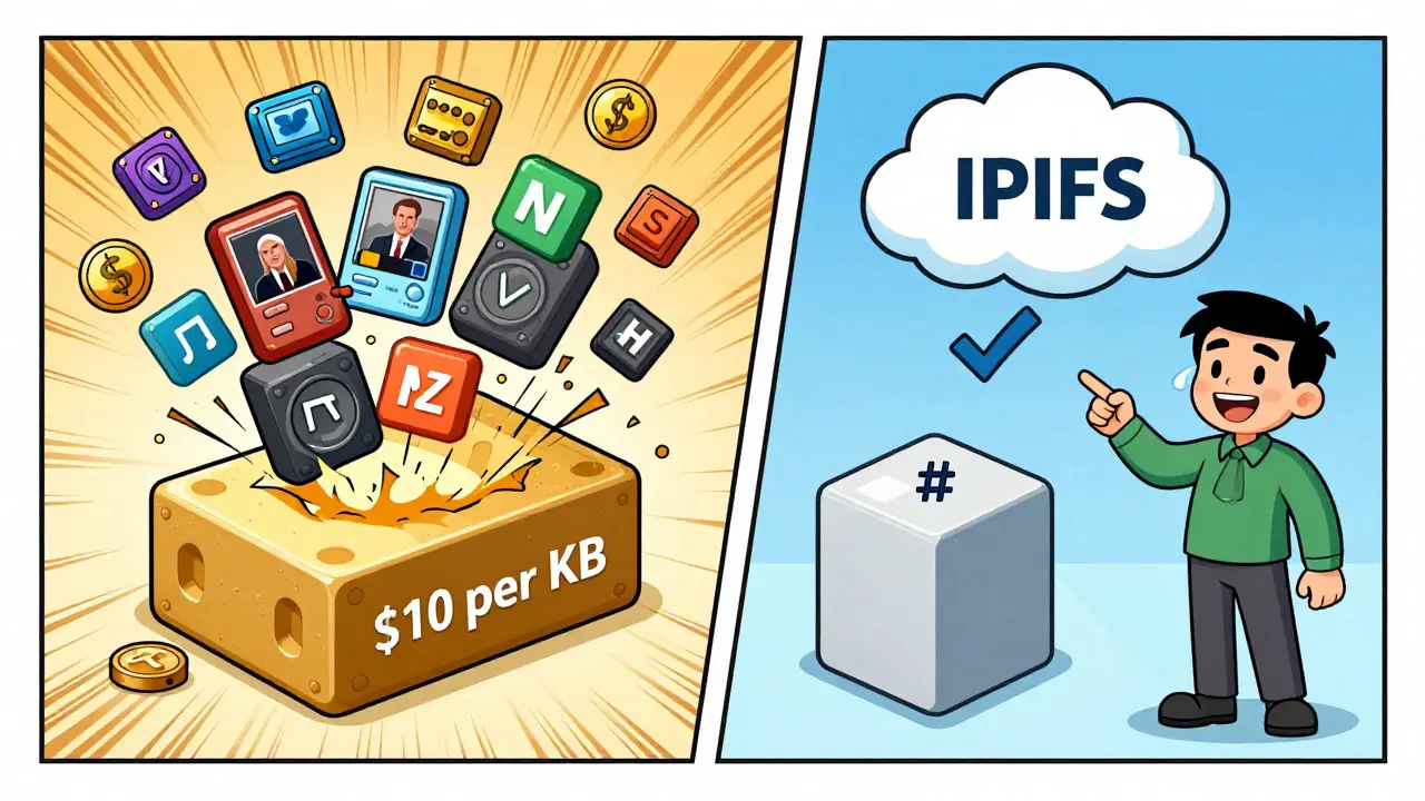 Contrast between expensive bloated blockchain and efficient off-chain storage with IPFS cloud.