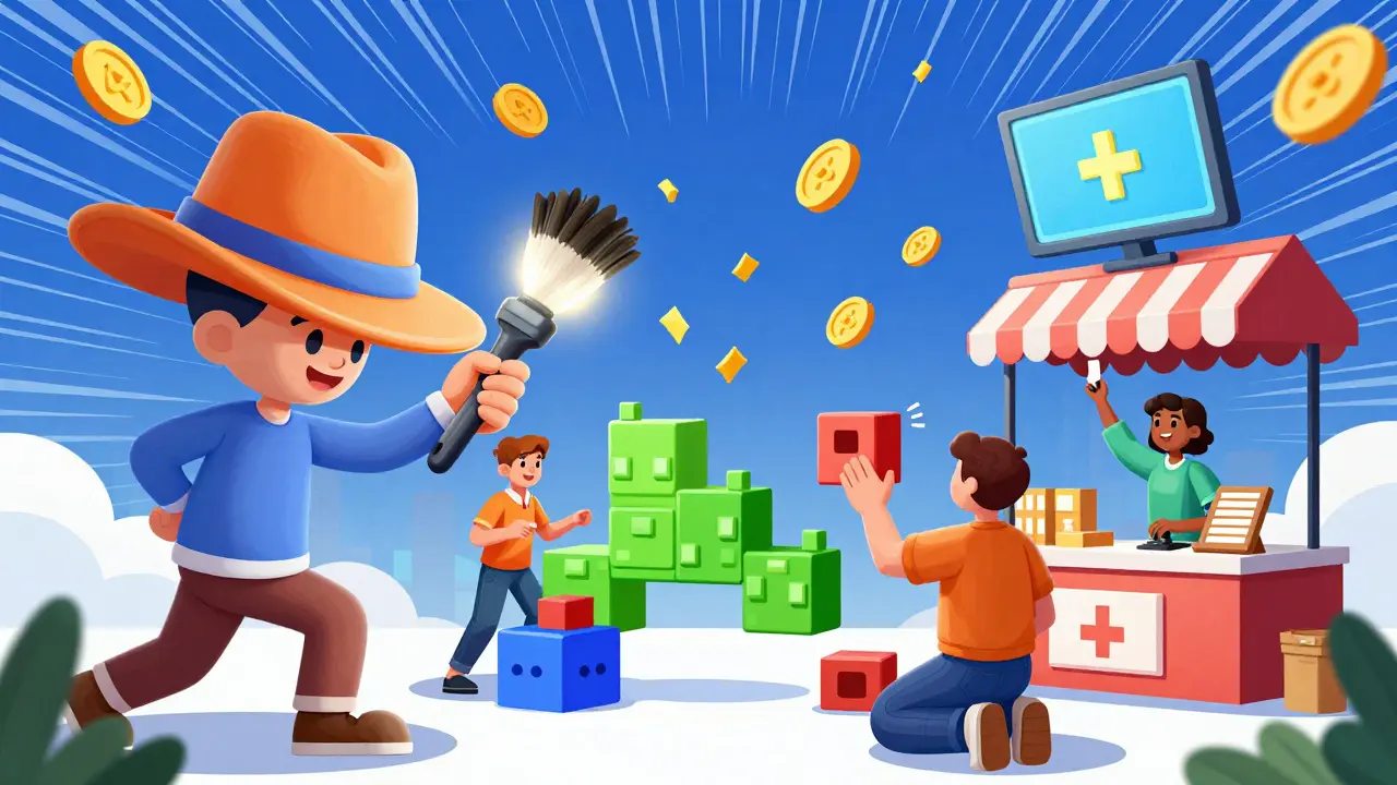 Creators use virtual tools to design NFTs and upload them to a floating marketplace, with SAND tokens raining down.