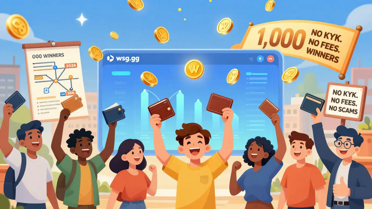 Crowd celebrating as WSG tokens rain down from the sky above the wsg.gg platform with a roadmap poster.