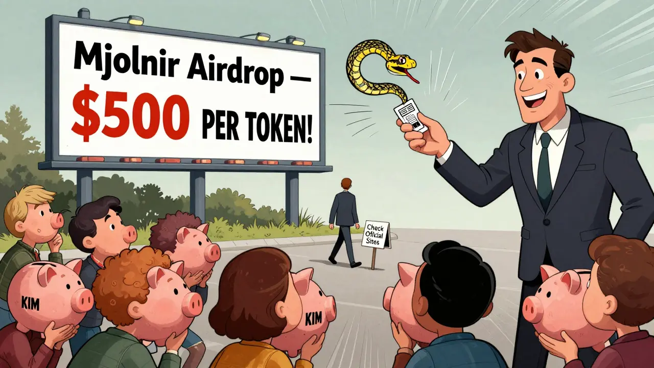 Crowd lured by a fake Mjolnir airdrop billboard while one person walks away safely toward official sources.