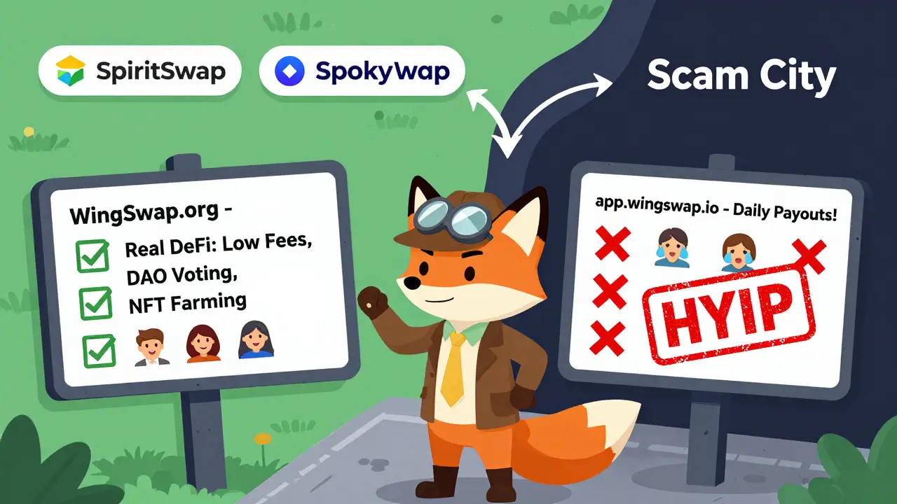 Detective fox compares real and fake WingSwap websites with checkmarks and red Xs.