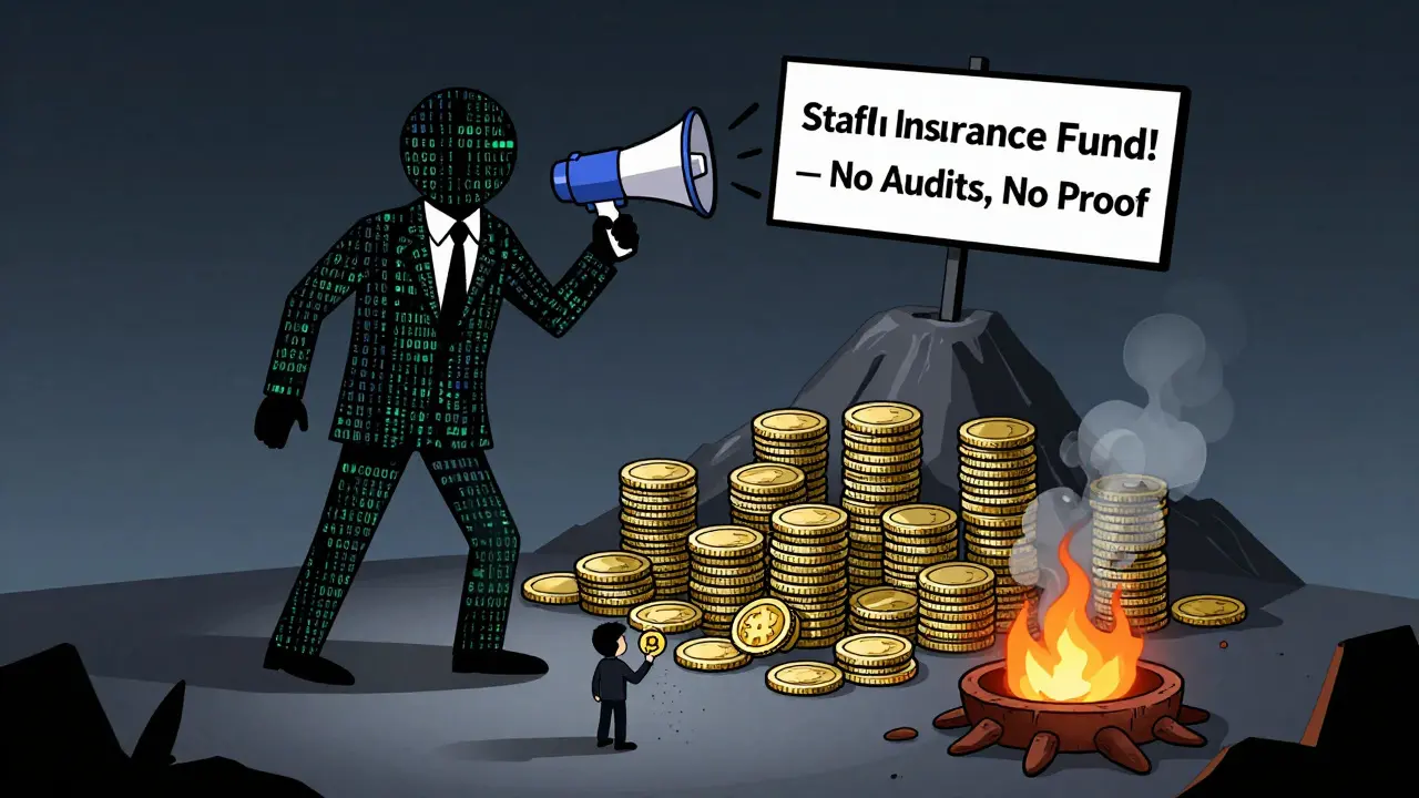 Faceless scammer holding blockchain sign above piles of empty wallets