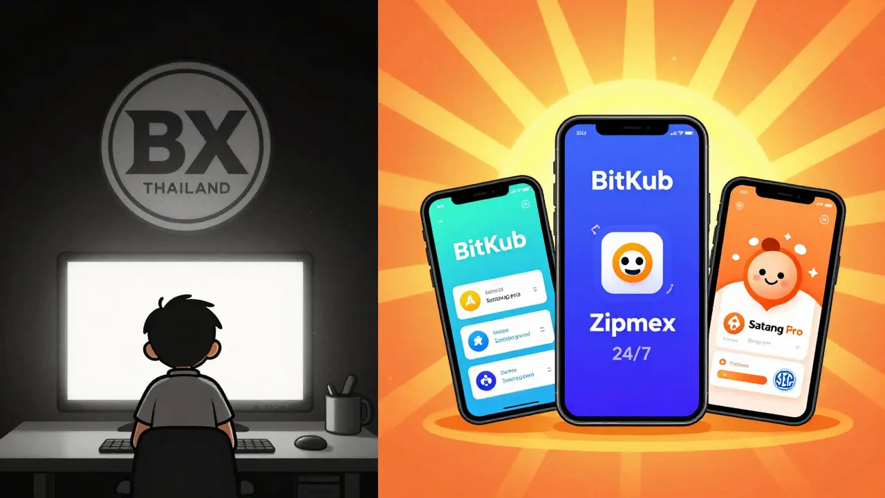 Fading BX Thailand vs. modern Thai crypto exchanges under a rising sun.