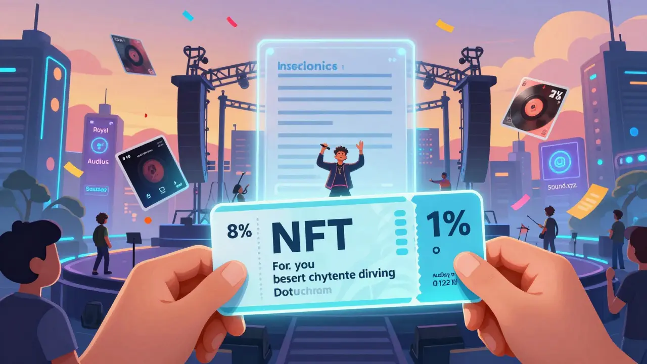 Fan opens an NFT ticket to a metaverse concert with glowing royalty percentages raining down.
