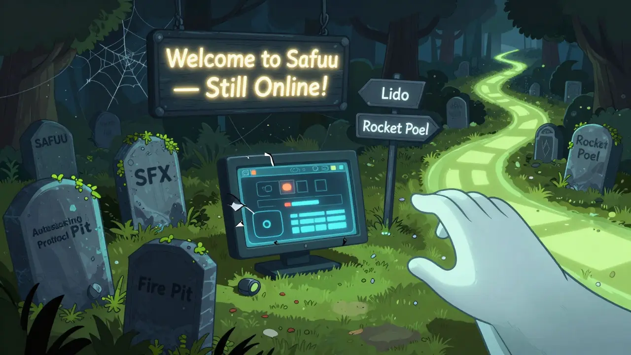 Graveyard of dead crypto tokens with a flickering 'Still Online' sign