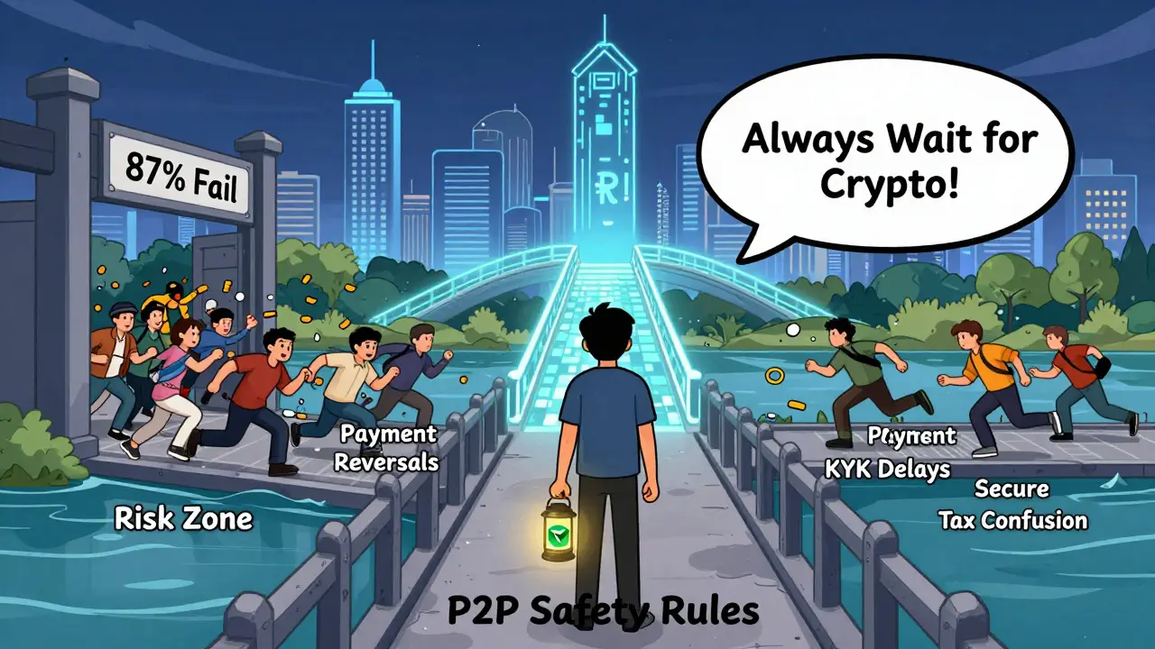 Person crossing safety bridge to crypto island, avoiding pitfalls, holding wallet lantern, Sberbank gate failing behind