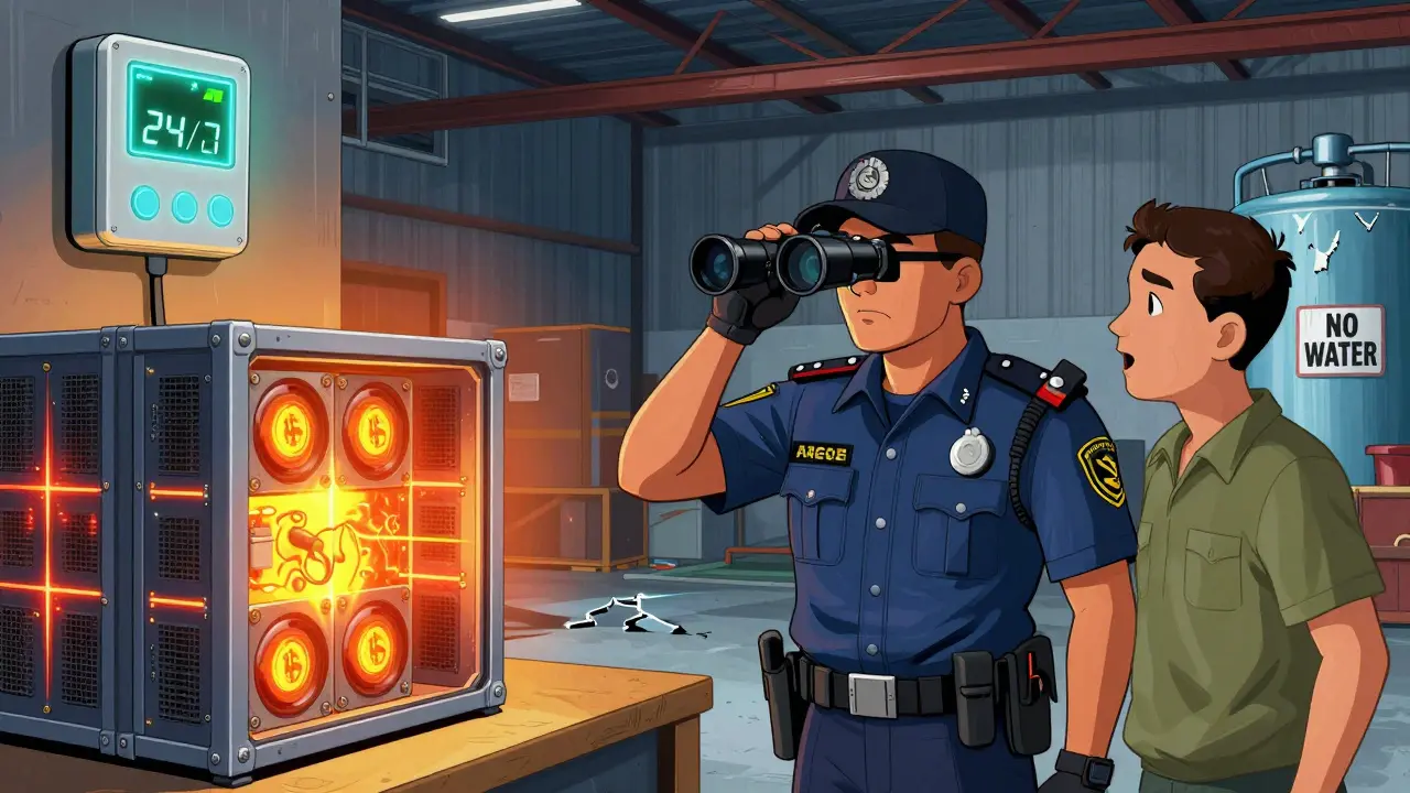 Police use thermal goggles to find hidden crypto miners in a warehouse, with a local informant whispering.