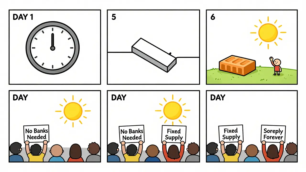 Six-panel comic showing time passing until a new block connects to the Genesis Block, with a waving figure on a hill.