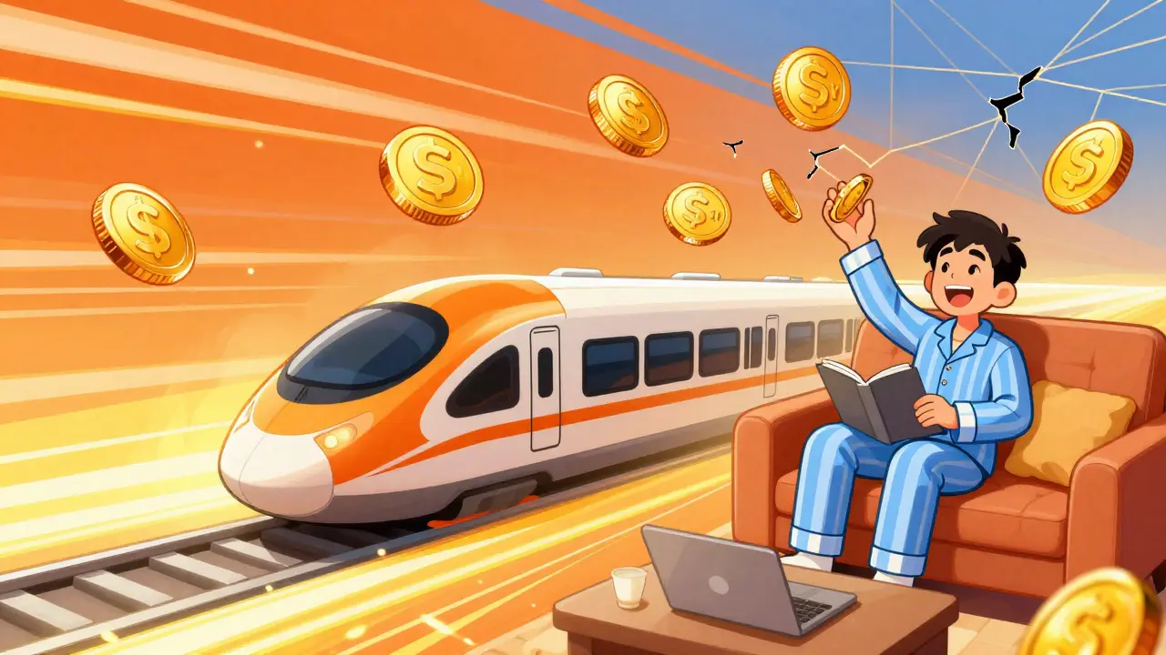 Solana bullet train speeding through digital landscape with user staking less than  from couch.