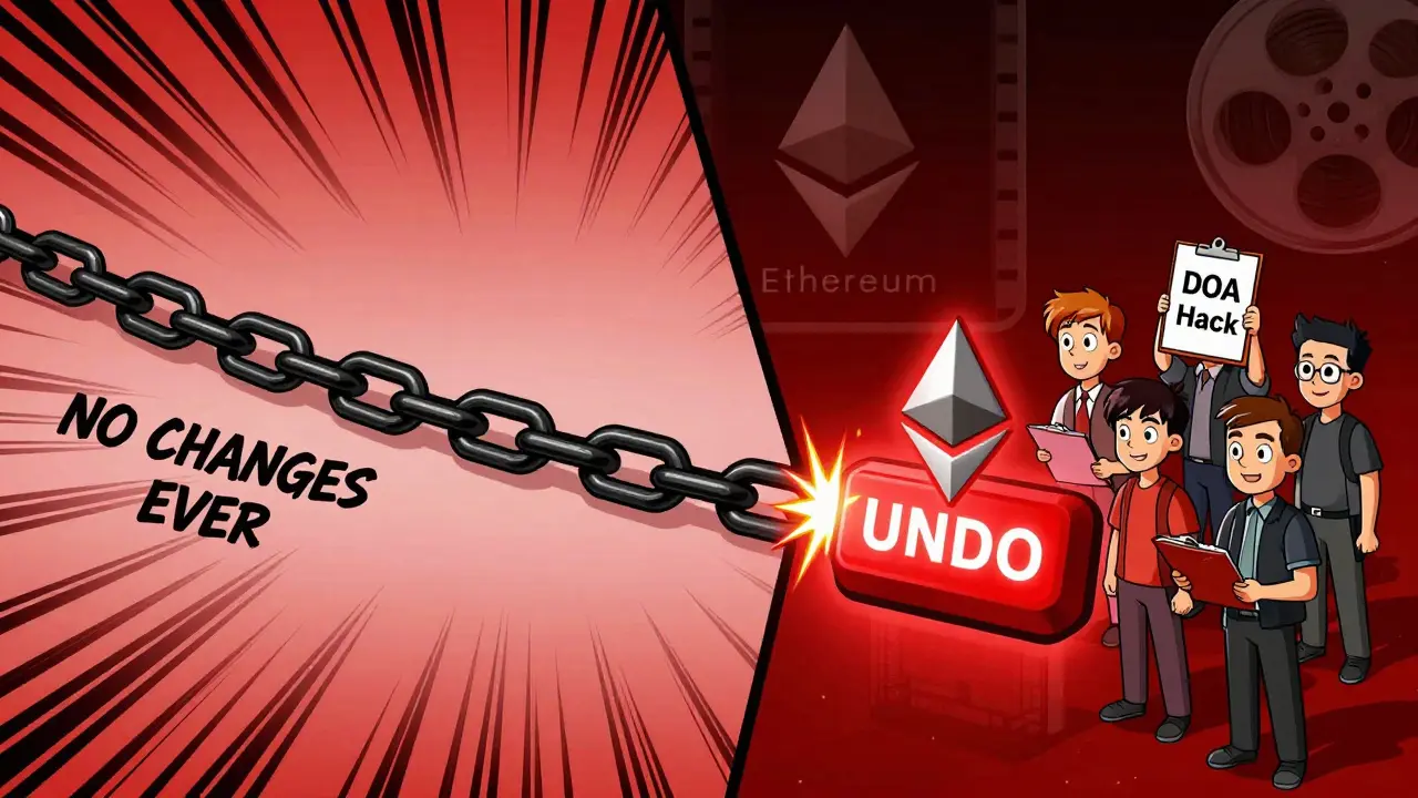 Split blockchain: Ethereum Classic stays unchanged while Ethereum forks with an 'UNDO' button being pressed.