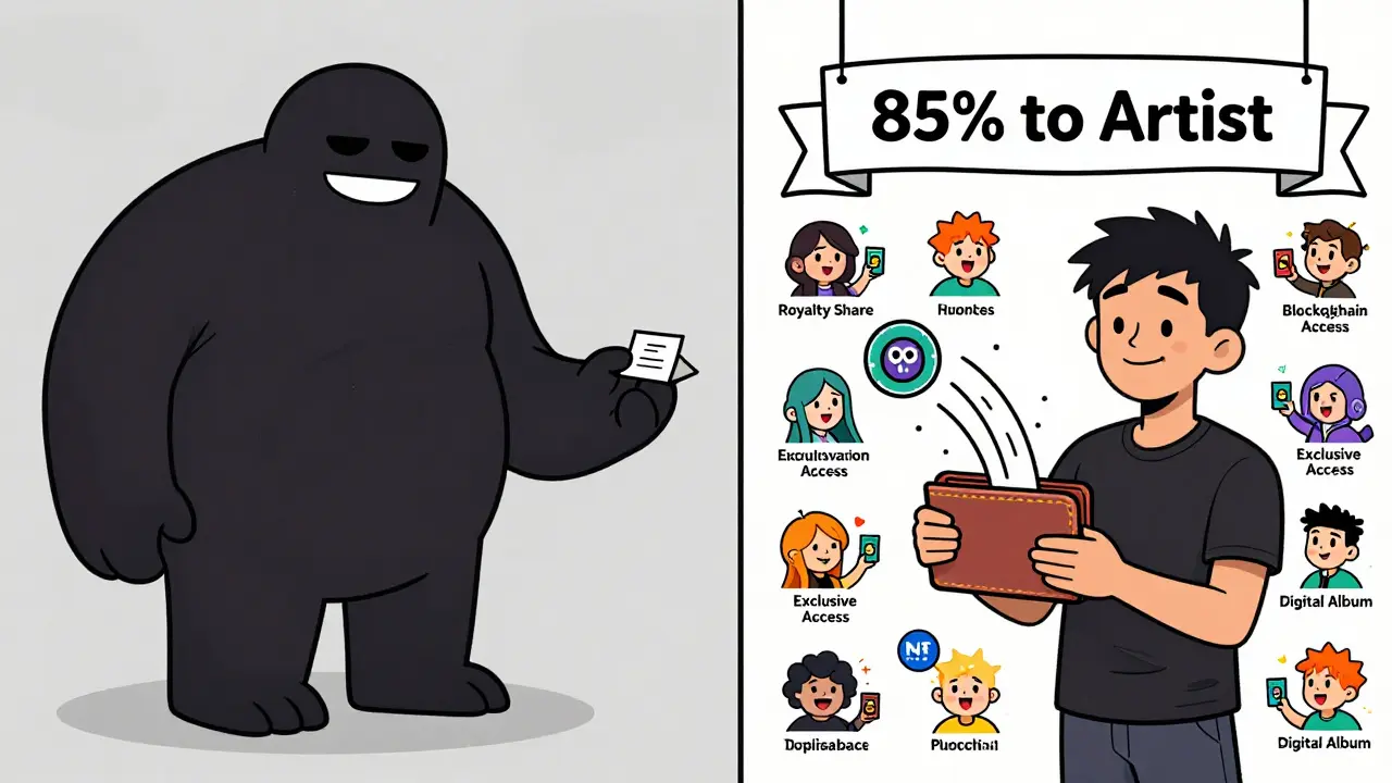 Split cartoon scene: artist crushed by label on left, paid by fans via blockchain on right.