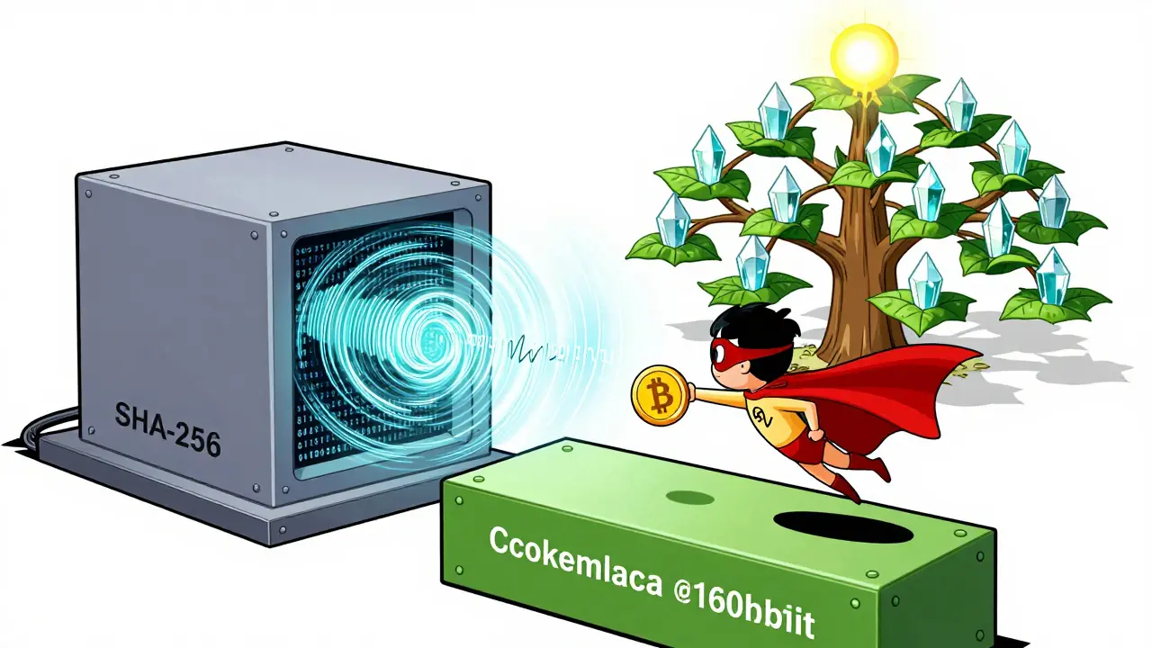 Superhero delivering Bitcoin transaction, with hash machine and Merkle tree in background.