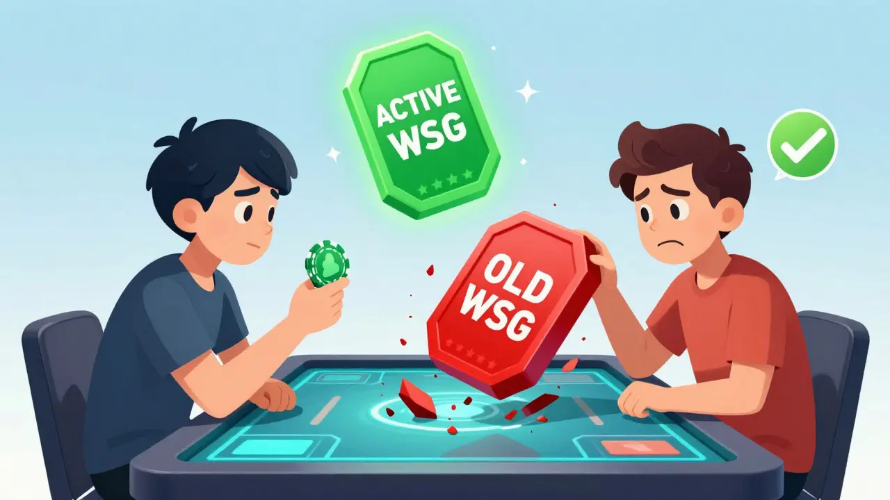 Two players competing in a skill game, with a crumbling old WSG token and a glowing active one above the table.