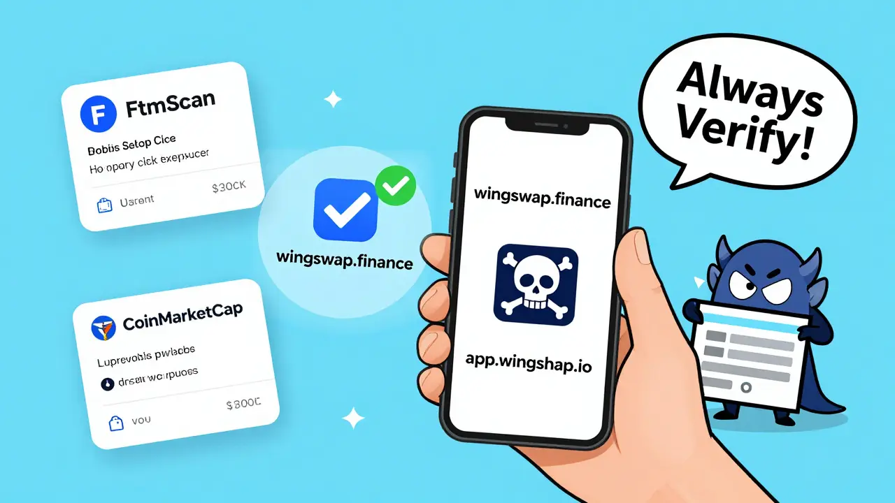 User holds phone showing real vs fake WingSwap URLs with blockchain verification icons.