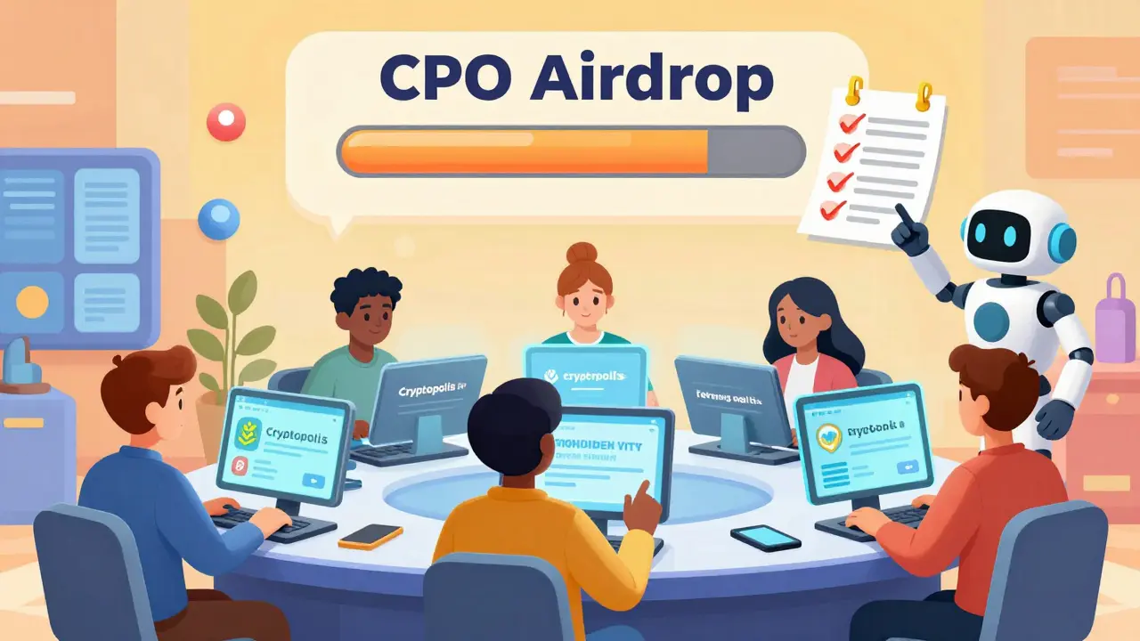 Users completing Cryptopolis tasks on holographic dashboards with a rising airdrop progress bar.