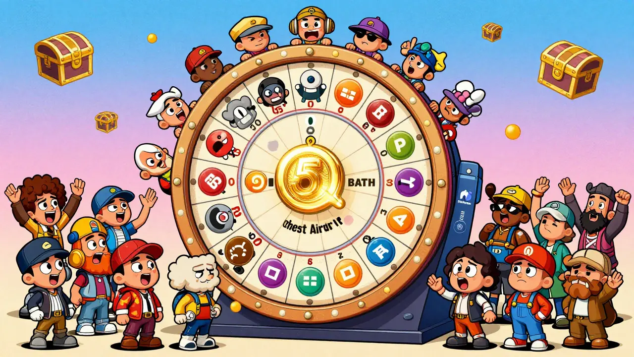 225 cartoon characters spin in a giant lottery wheel as one glows gold, labeled 'BATH Chest Airdrop' with CoinMarketCap branding.