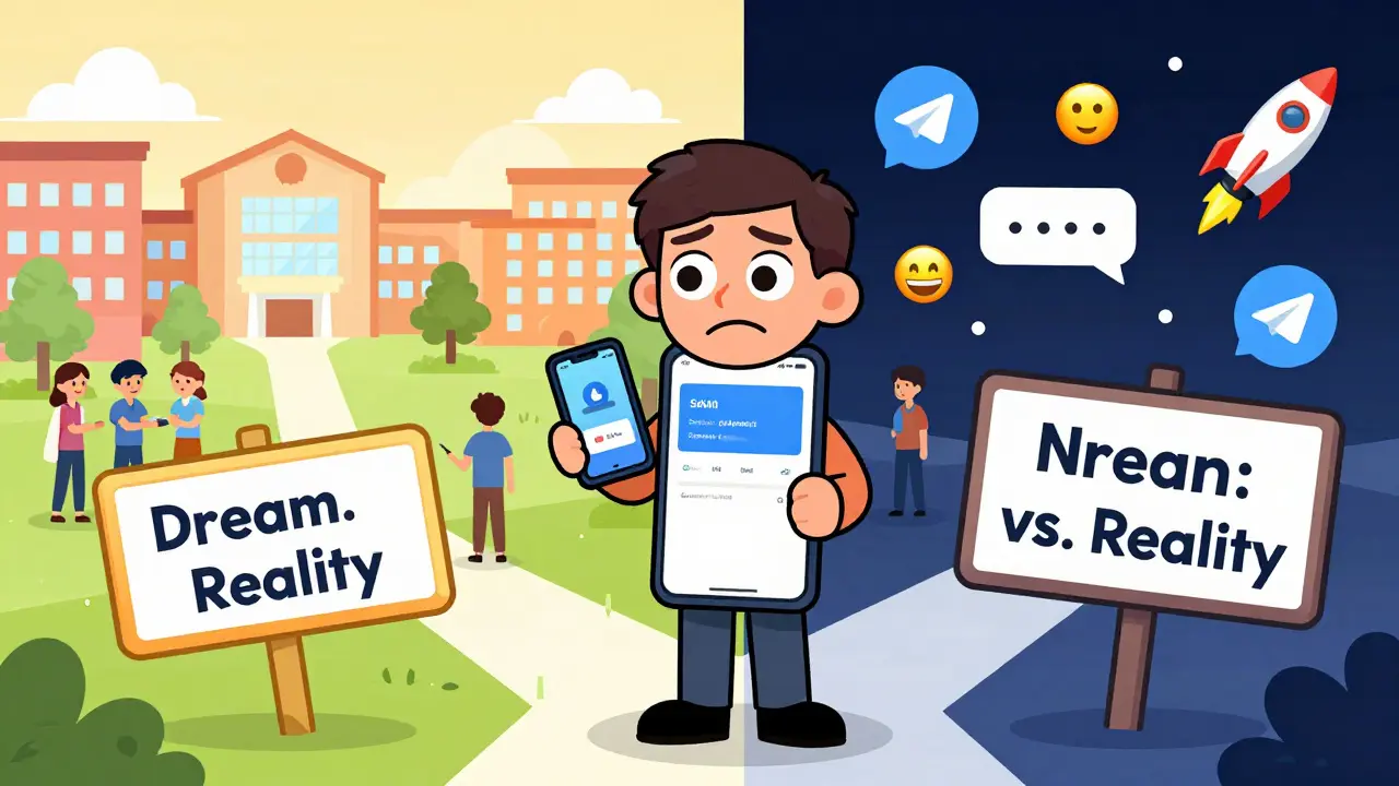 A confused investor stands at a crossroad: one path shows scholarships, the other a chaotic Telegram pump group.