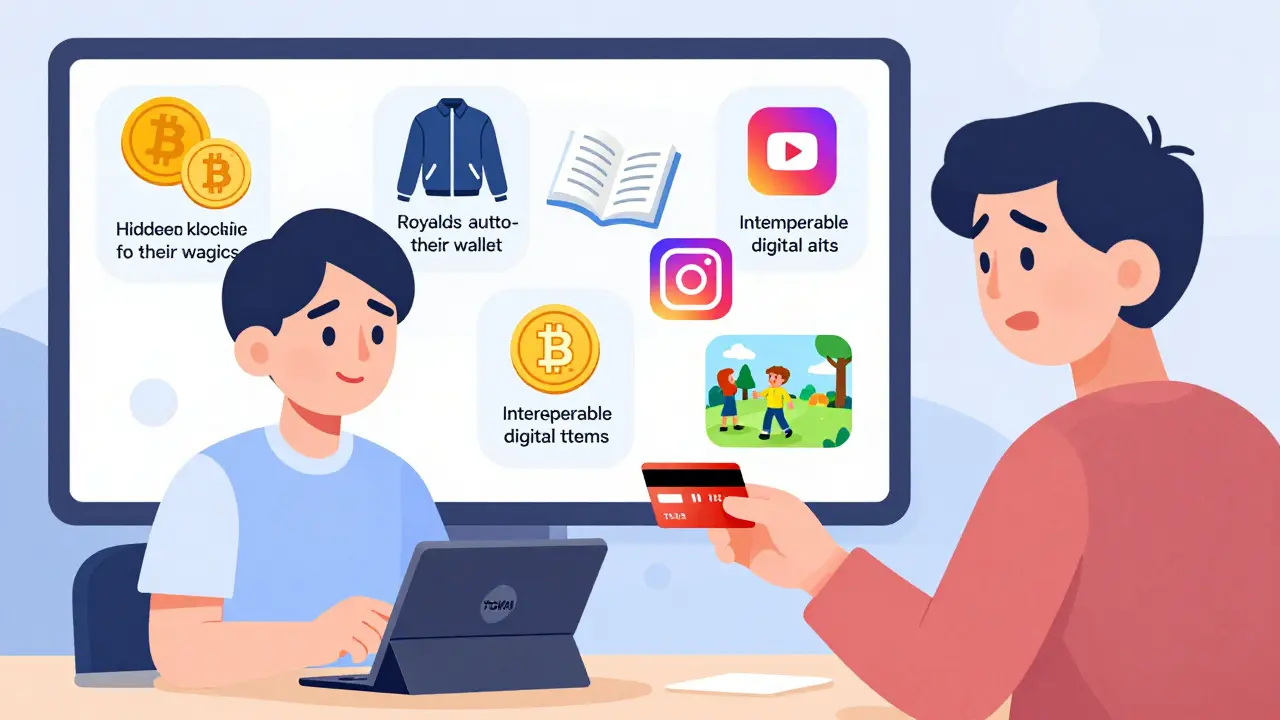 A creator accepts a credit card payment while hidden blockchain tech converts funds and shares royalties.