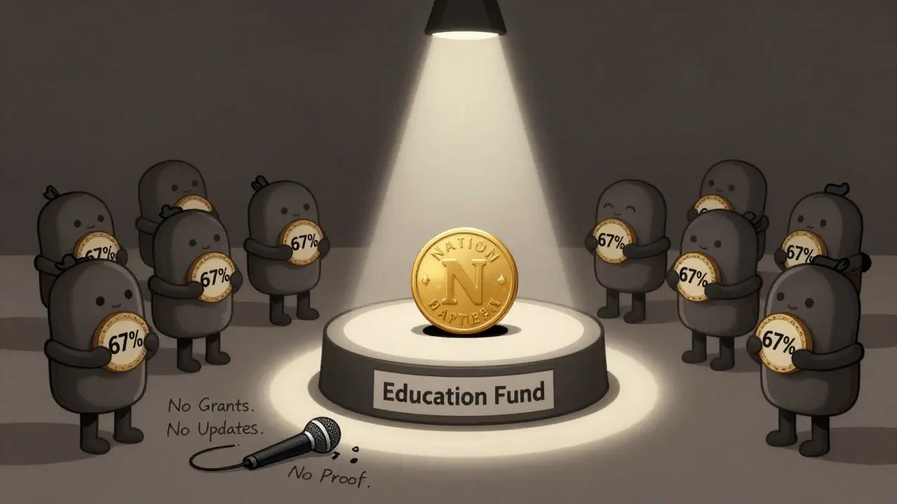 A giant NATION token sits alone on an empty stage under a spotlight, while 10 wallets hold most of the supply in the shadows.