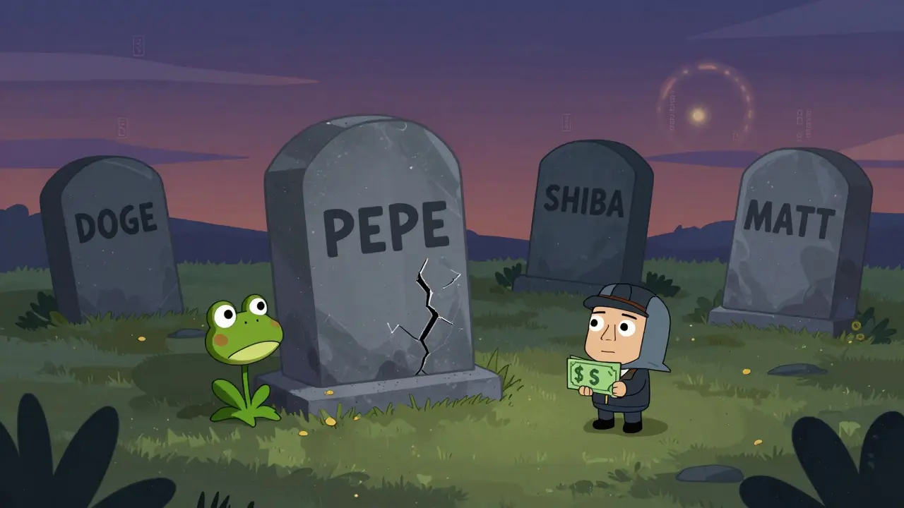 A graveyard of meme coins with a cracked MATT tombstone and a wilted frog flower beside it.