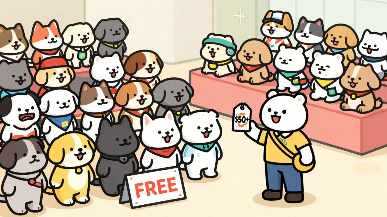 A marketplace with many unique cartoon NFT dogs, one shopper holding a free NFT next to a  price tag.