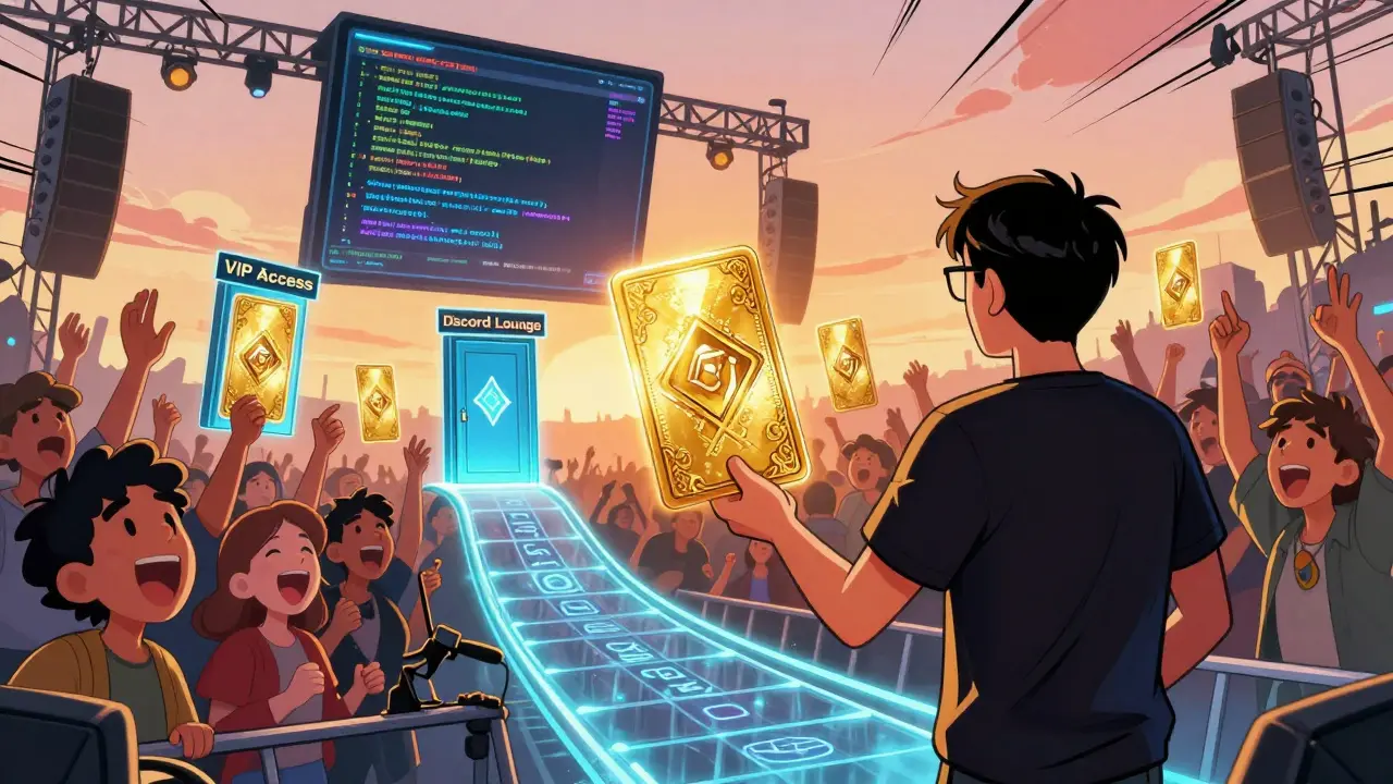 A musician gives out glowing NFT membership cards that unlock exclusive content for excited fans.