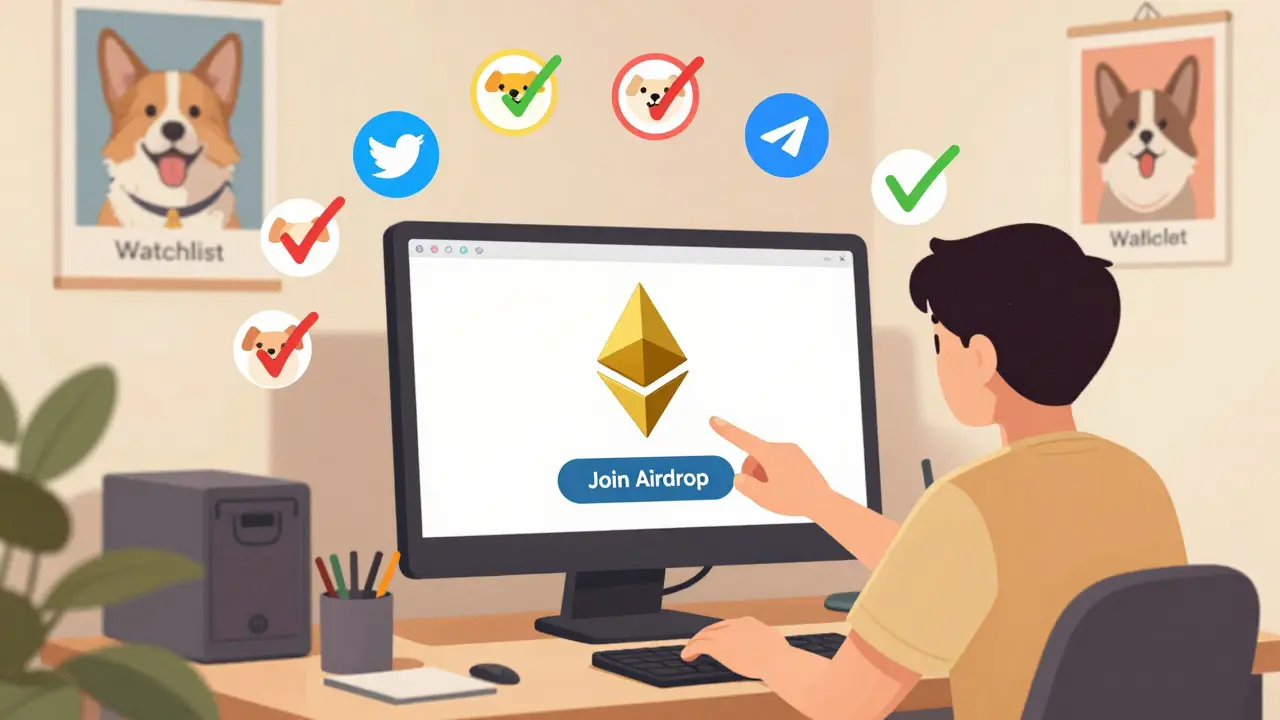 A person clicking an airdrop button with seven checkmarks and smiling dog icons around them.