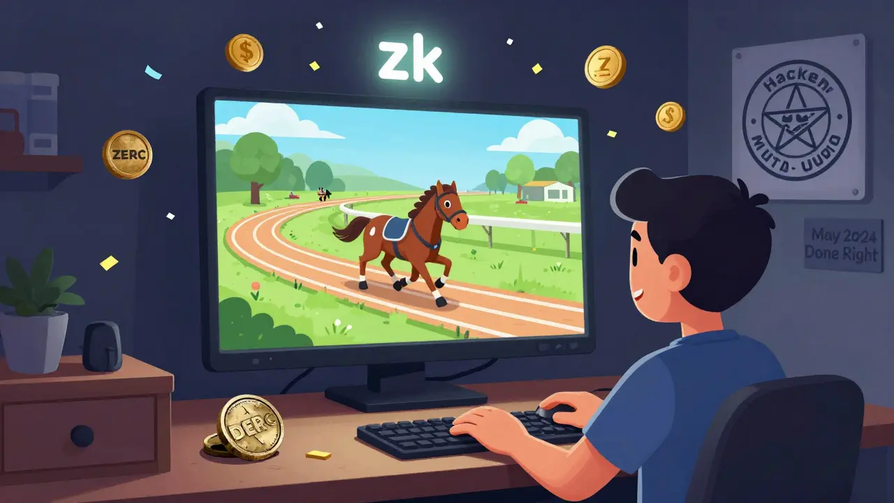 A player celebrates a virtual horse race win with ZERC tokens floating around, while an old DERC token sits forgotten in a drawer.